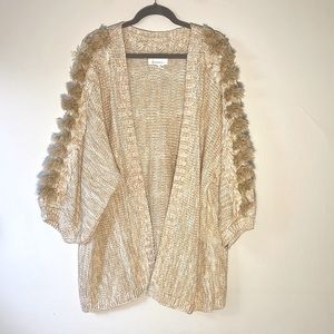 ANTHROPOLOGIE Amanza Fringe Cable Knit Oatmeal Sweater Open Front Cardigan